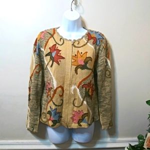 Caamano Handknit Earth Toned Floral Zip Front Cardigan Sweater Made In Peru
